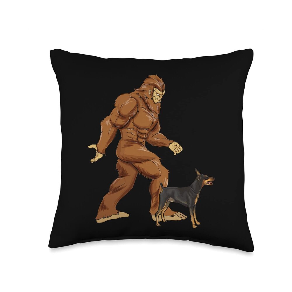 3938 Funny Bigfoot Walking Miniature Pinscher Sasquatch Dog Throw Pillow
